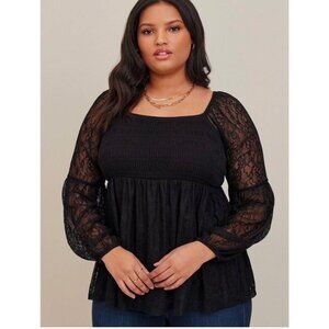Witchy Dark Romantic Black Lace Smocked Square Neck Baby Doll Top Long Sleeves